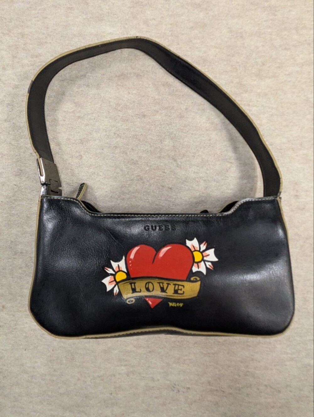GUESS Black Shoulder Hand Bag Painted Tattoo Flash Art Love Heart Y2K Vintage
